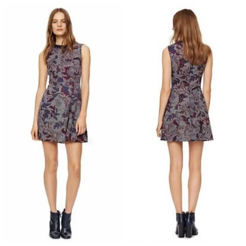Tory Burch‎ Navy Blue Dalia Pixilated Print Brocade Cut Out Pencil Dress 14 NEW
